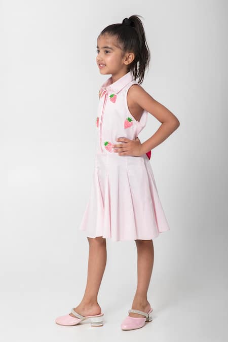 Partykles Pink Cotton Satin Embroidery, Sequins Strawberry Dress Online at Aza Fashions Partykles_Pink Cotton Satin Embroidery, Sequins Strawberry Dress _Online_at_Aza_Fashions