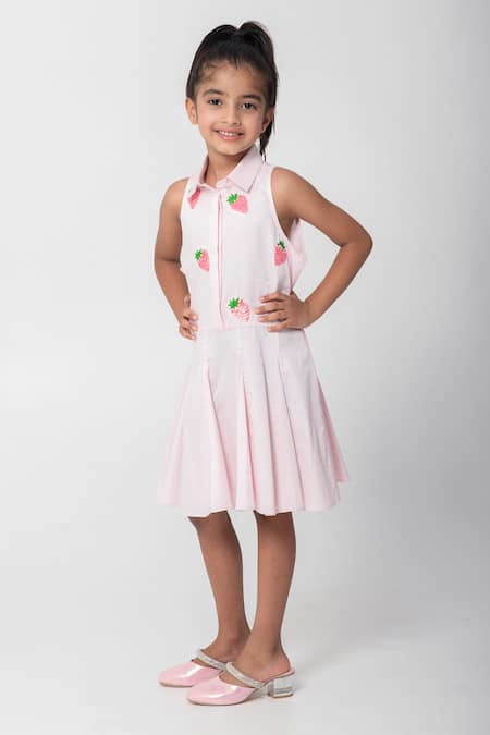 Partykles Pink Cotton Satin Embroidery, Sequins Strawberry Dress 