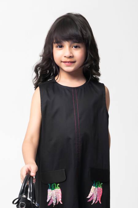 Partykles Black Cotton Satin Embroidery, Sequins Chilli Dress at Aza Fashions Partykles_Black Cotton Satin Embroidery, Sequins Chilli Dress _at_Aza_Fashions