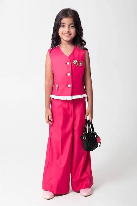 Partykles_Fuchsia Beads, Crystals, Embroidery Strawberry Waistcoat And Pant Set _Online_at_Aza_Fashions
