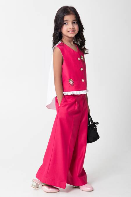 Buy_Partykles_Fuchsia Beads, Crystals, Embroidery Strawberry Waistcoat And Pant Set _Online_at_Aza_Fashions