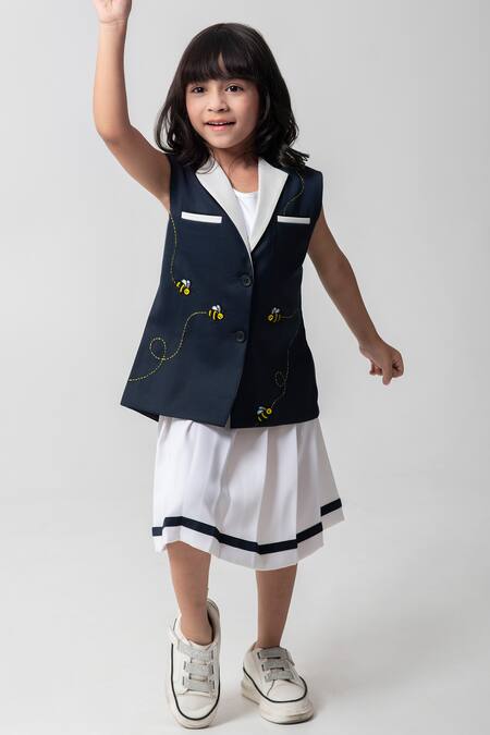 Partykles_Navy Rayon Beads, Embroidery Bee Blazer And Skirt Set _Online_at_Aza_Fashions