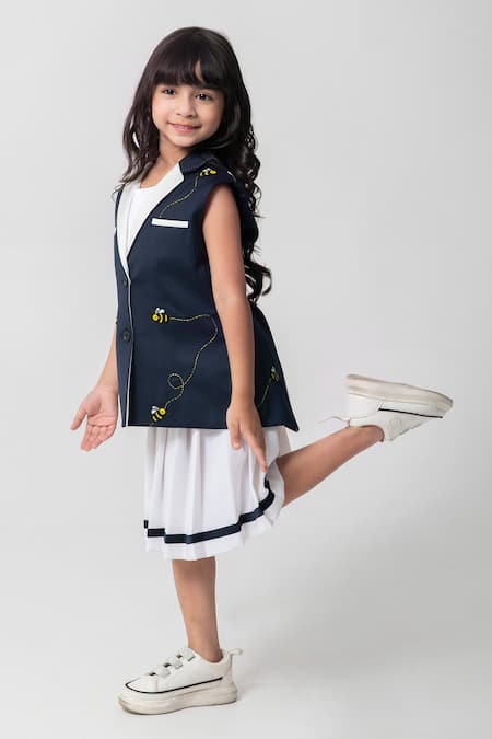Shop_Partykles_Navy Rayon Beads, Embroidery Bee Blazer And Skirt Set _Online_at_Aza_Fashions