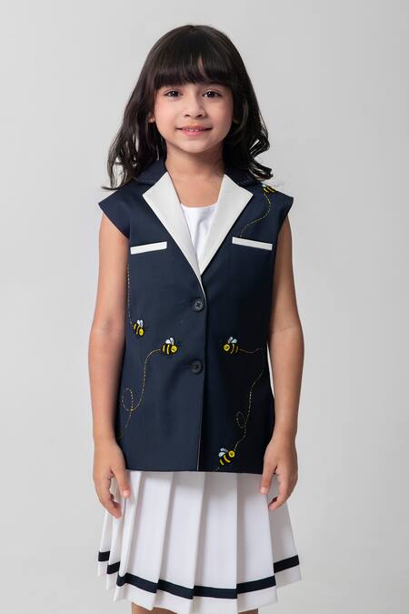 Partykles_Navy Rayon Beads, Embroidery Bee Blazer And Skirt Set _at_Aza_Fashions