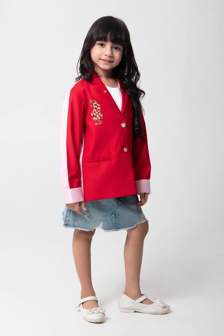 Partykles_Red Rayon Embroidery Cheeta Blazer _Online_at_Aza_Fashions