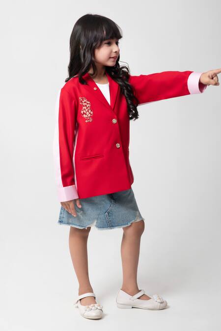 Shop_Partykles_Red Rayon Embroidery Cheeta Blazer _Online_at_Aza_Fashions