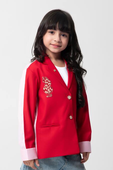 Buy_Partykles_Red Rayon Embroidery Cheeta Blazer 