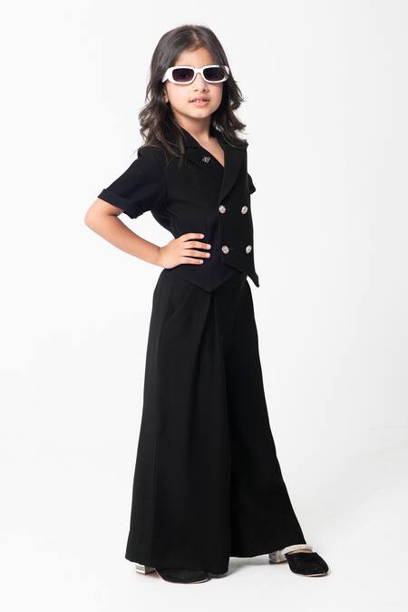 Partykles_Black Polyester Brooches Double Breasted Waistcoat Pant Set _Online_at_Aza_Fashions