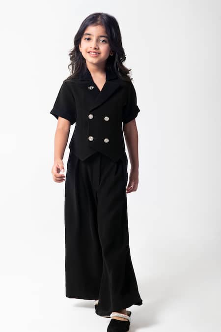 Partykles_Black Polyester Brooches Double Breasted Waistcoat Pant Set _at_Aza_Fashions