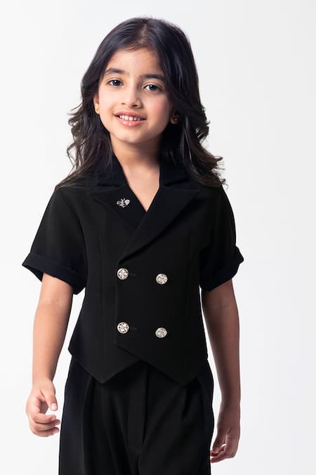 Buy_Partykles_Black Polyester Brooches Double Breasted Waistcoat Pant Set 