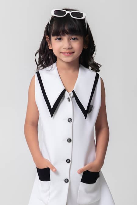 Partykles_White Polyester And Black Blazer Dress _at_Aza_Fashions