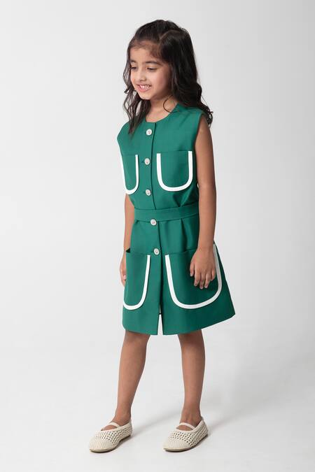 Partykles_Emerald Green Patch Pocket Dress _Online_at_Aza_Fashions