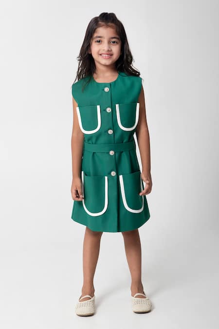Buy_Partykles_Emerald Green Patch Pocket Dress _Online_at_Aza_Fashions