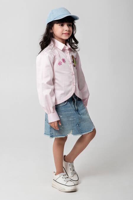 Partykles_Pink Cotton Satin Cut Work, Embroidery Pickle Ball Theme Shirt _Online_at_Aza_Fashions