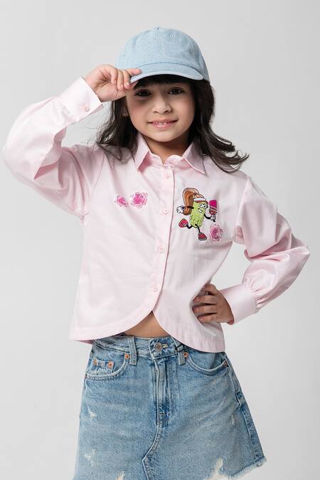 Shop_Partykles_Pink Cotton Satin Cut Work, Embroidery Pickle Ball Theme Shirt _Online_at_Aza_Fashions
