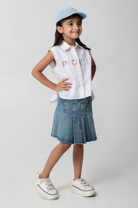 Partykles_White Cotton Satin Sequins Pickle Embroidered Cropped Shirt _Online_at_Aza_Fashions