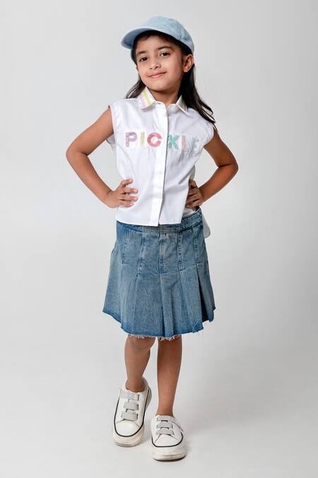 Buy_Partykles_White Cotton Satin Sequins Pickle Embroidered Cropped Shirt _Online_at_Aza_Fashions