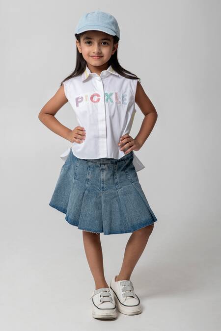 Shop_Partykles_White Cotton Satin Sequins Pickle Embroidered Cropped Shirt _Online_at_Aza_Fashions