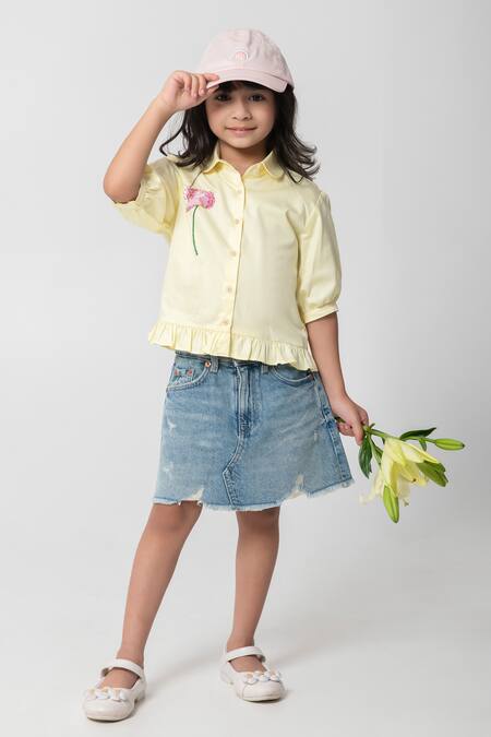 Buy_Partykles_Yellow Cotton Satin Embroidery, Sequins Flower Shirt _Online_at_Aza_Fashions