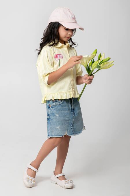 Shop_Partykles_Yellow Cotton Satin Embroidery, Sequins Flower Shirt _Online_at_Aza_Fashions