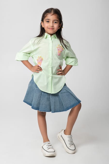 Buy_Partykles_Mint Cotton Satin Embroidery, Cut Work French Fries Shirt _Online_at_Aza_Fashions