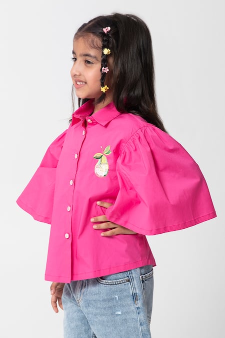 Partykles_Pink Cotton Satin Beads, Sequins, Embroidery Pear Shirt _Online_at_Aza_Fashions