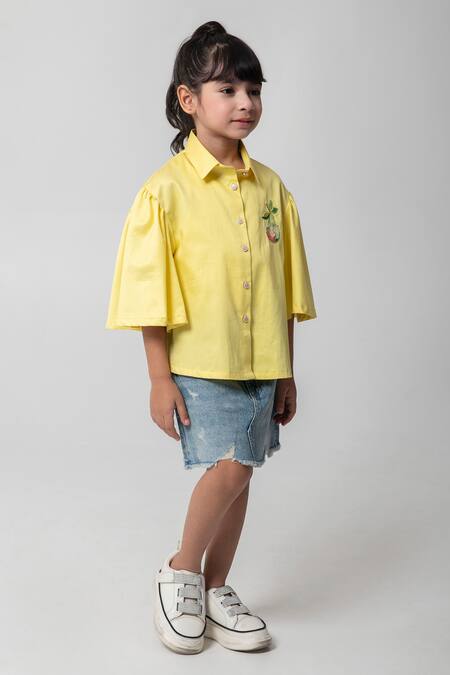 Partykles_Yellow Cotton Satin Embroidery, Beads, Sequins Pear Shirt _Online_at_Aza_Fashions