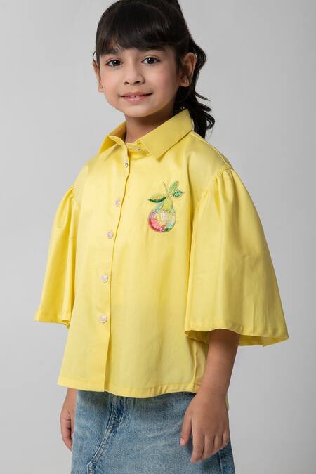 Shop_Partykles_Yellow Cotton Satin Embroidery, Beads, Sequins Pear Shirt _Online_at_Aza_Fashions