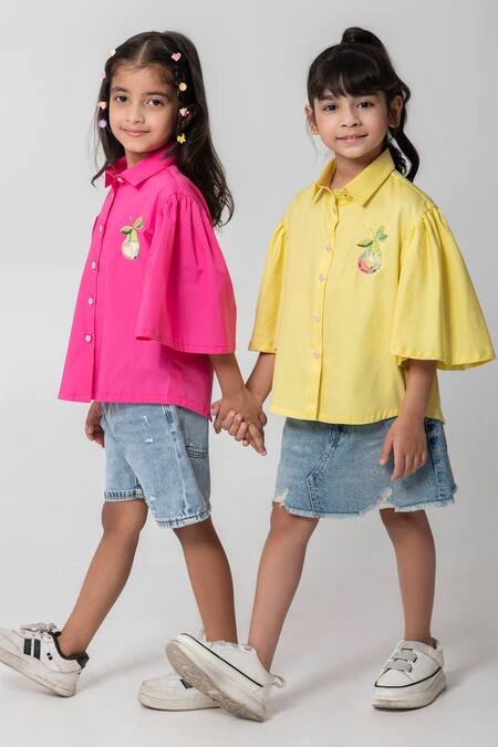 Partykles_Yellow Cotton Satin Embroidery, Beads, Sequins Pear Shirt _at_Aza_Fashions