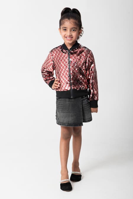 Partykles_Maroon Net Sequins Work Bomber Jacket _Online_at_Aza_Fashions