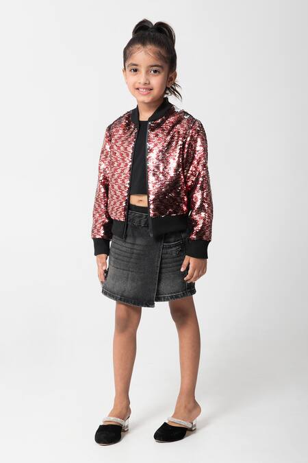 Partykles_Maroon Net Sequins Work Bomber Jacket _at_Aza_Fashions