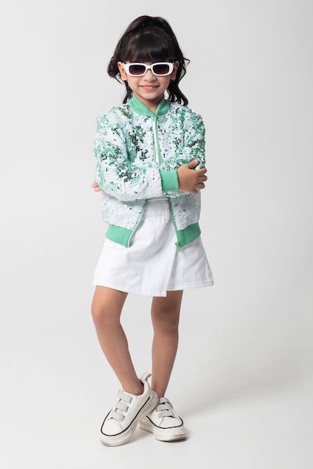 Buy_Partykles_Mint Net Sequins Work Bomber Jacket _Online_at_Aza_Fashions