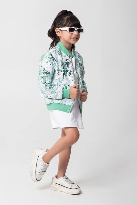 Shop_Partykles_Mint Net Sequins Work Bomber Jacket _Online_at_Aza_Fashions