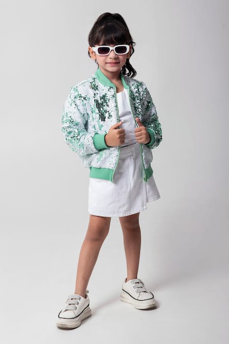 Buy_Partykles_Mint Net Sequins Work Bomber Jacket 