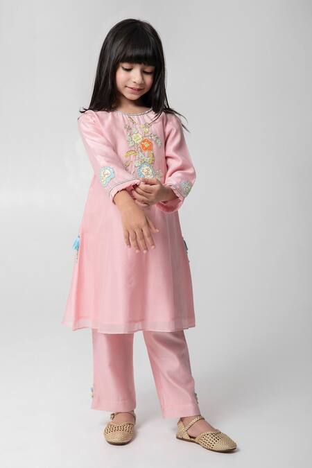 Partykles_Peach Cotton, Silk Embroidery, Patchwork, Tassels Floral Kurta With Pant _Online_at_Aza_Fashions