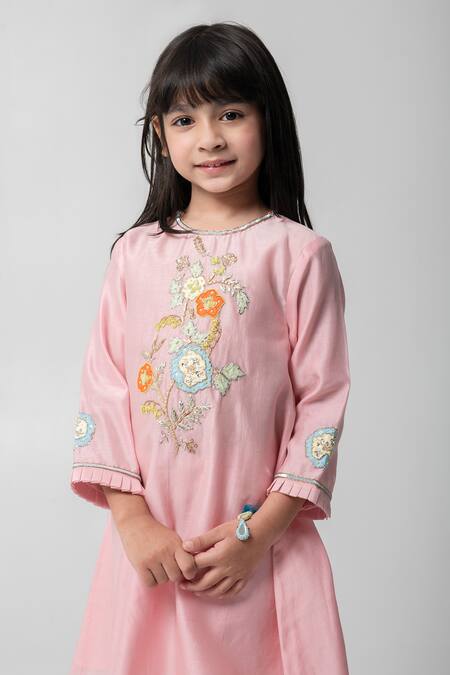 Shop_Partykles_Peach Cotton, Silk Embroidery, Patchwork, Tassels Floral Kurta With Pant _Online_at_Aza_Fashions
