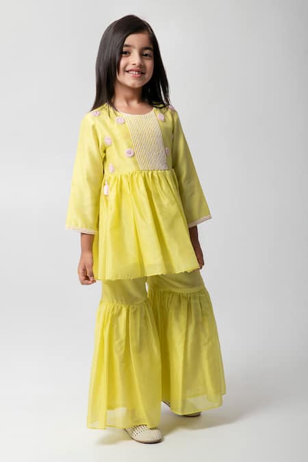 Partykles_Yellow Chanderi Silk Embroidery, Fabric Flowers Kurta Sharara Set _Online_at_Aza_Fashions