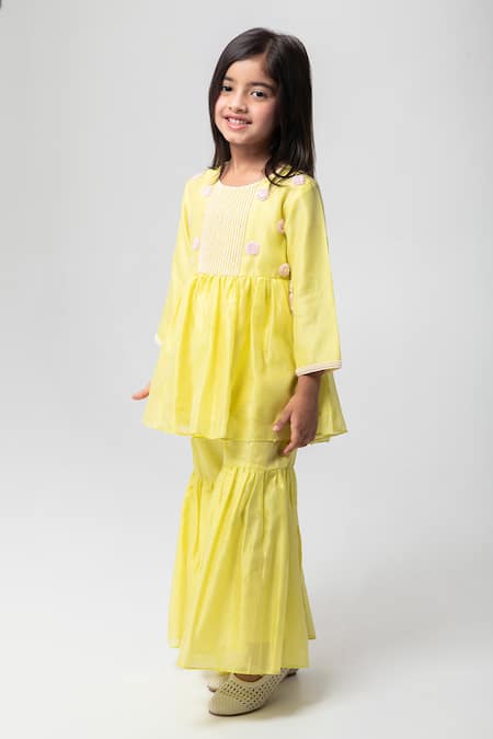 Buy_Partykles_Yellow Chanderi Silk Embroidery, Fabric Flowers Kurta Sharara Set _Online_at_Aza_Fashions
