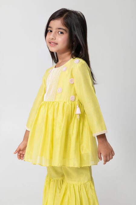 Shop_Partykles_Yellow Chanderi Silk Embroidery, Fabric Flowers Kurta Sharara Set _Online_at_Aza_Fashions