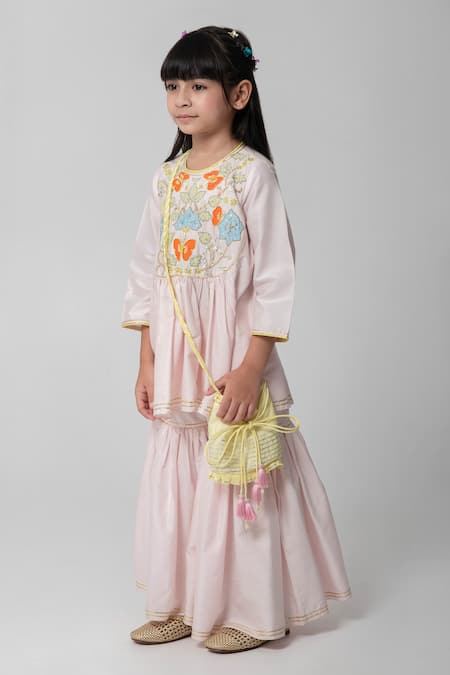 Partykles_Pink Cotton, Silk Embroidery, Patchwork, Piping, Ruffles, Kurta Sharara Set _Online_at_Aza_Fashions
