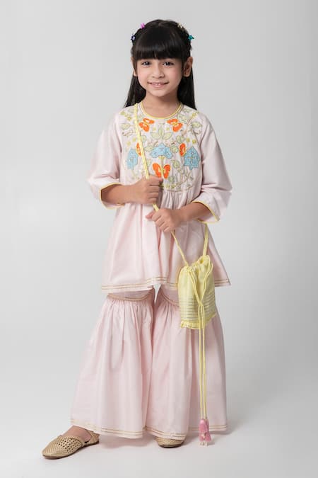 Buy_Partykles_Pink Cotton, Silk Embroidery, Patchwork, Piping, Ruffles, Kurta Sharara Set _Online_at_Aza_Fashions