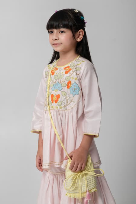 Shop_Partykles_Pink Cotton, Silk Embroidery, Patchwork, Piping, Ruffles, Kurta Sharara Set _Online_at_Aza_Fashions