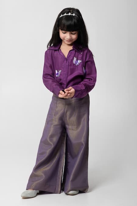 Partykles Purple Silk Applique Butterfly Shirt With Pant Online at Aza Fashions Partykles_Purple Silk Applique Butterfly Shirt With Pant _Online_at_Aza_Fashions
