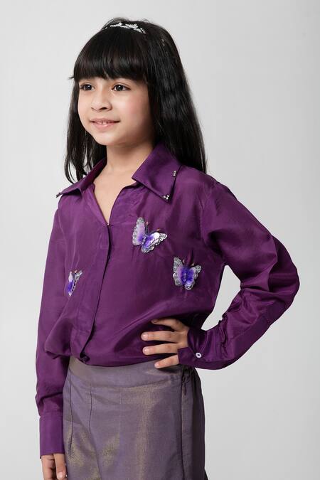 Buy Partykles Purple Silk Applique Butterfly Shirt With Pant Online at Aza Fashions Buy_Partykles_Purple Silk Applique Butterfly Shirt With Pant _Online_at_Aza_Fashions