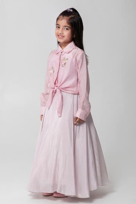 Partykles_Pink Silk Embroidery Tie-up Shirt With Skirt _Online_at_Aza_Fashions