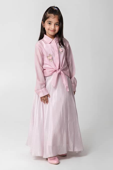 Buy_Partykles_Pink Silk Embroidery Tie-up Shirt With Skirt _Online_at_Aza_Fashions