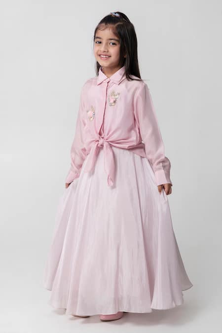 Partykles Pink Tie-Up Shirt With Skirt 