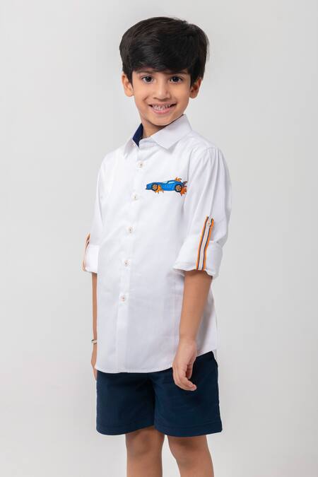 Buy Partykles White Cotton Embroidery Race Car Shirt Online at Aza Fashions Buy_Partykles_White Cotton Embroidery Race Car Shirt _Online_at_Aza_Fashions