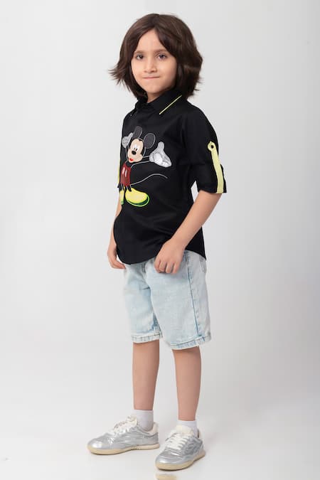 Partykles_Black Cotton Patchwork, Embroidery Mickey Shirt _Online_at_Aza_Fashions
