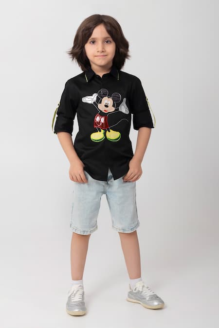 Shop_Partykles_Black Cotton Patchwork, Embroidery Mickey Shirt _Online_at_Aza_Fashions